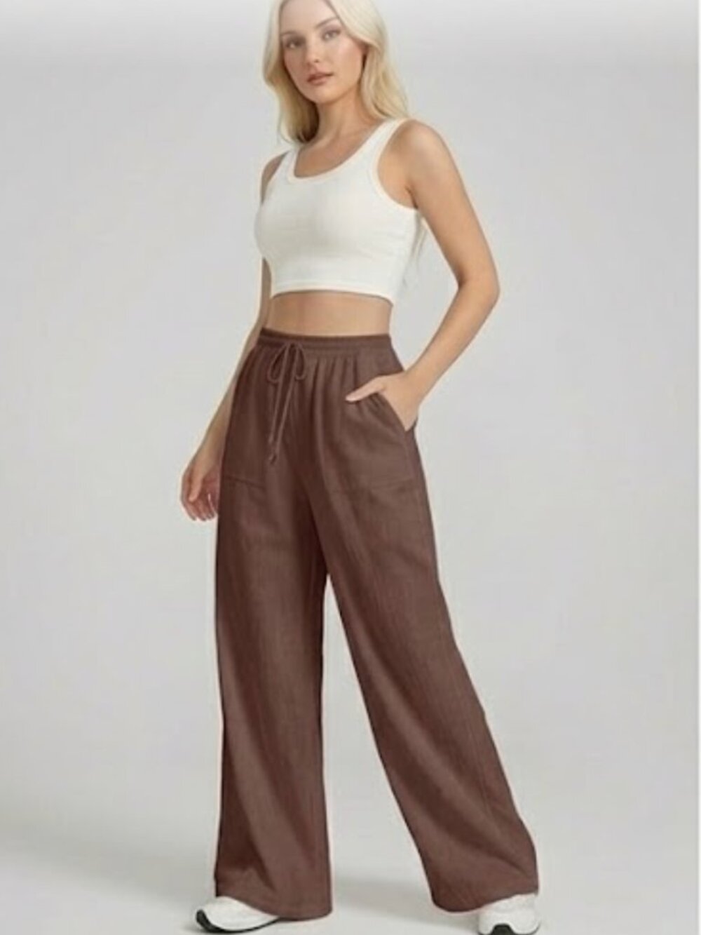100% Cotton Drawstring Waist Wide Leg Pants Brown - Picture 3 of 5